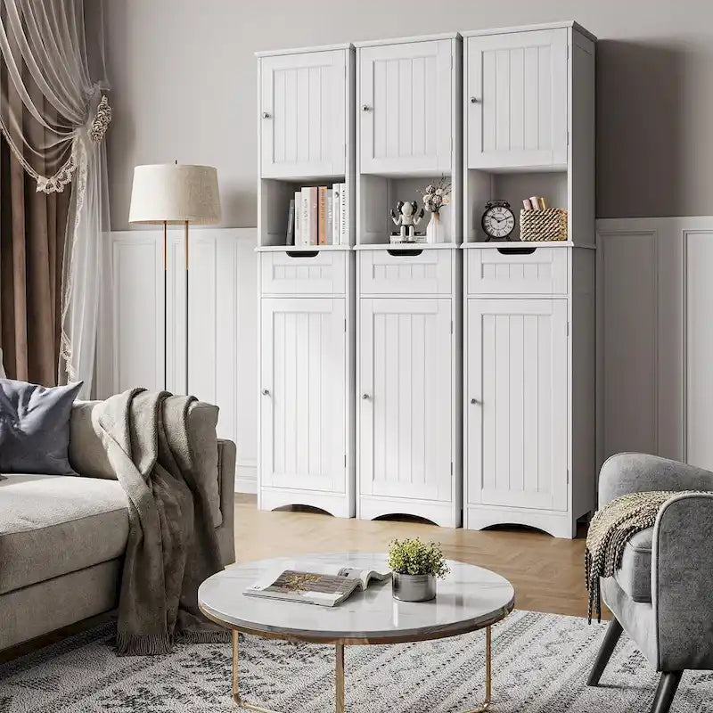 Tall White Bathroom Storage Cabinet with Doors Drawer Open Shelf
