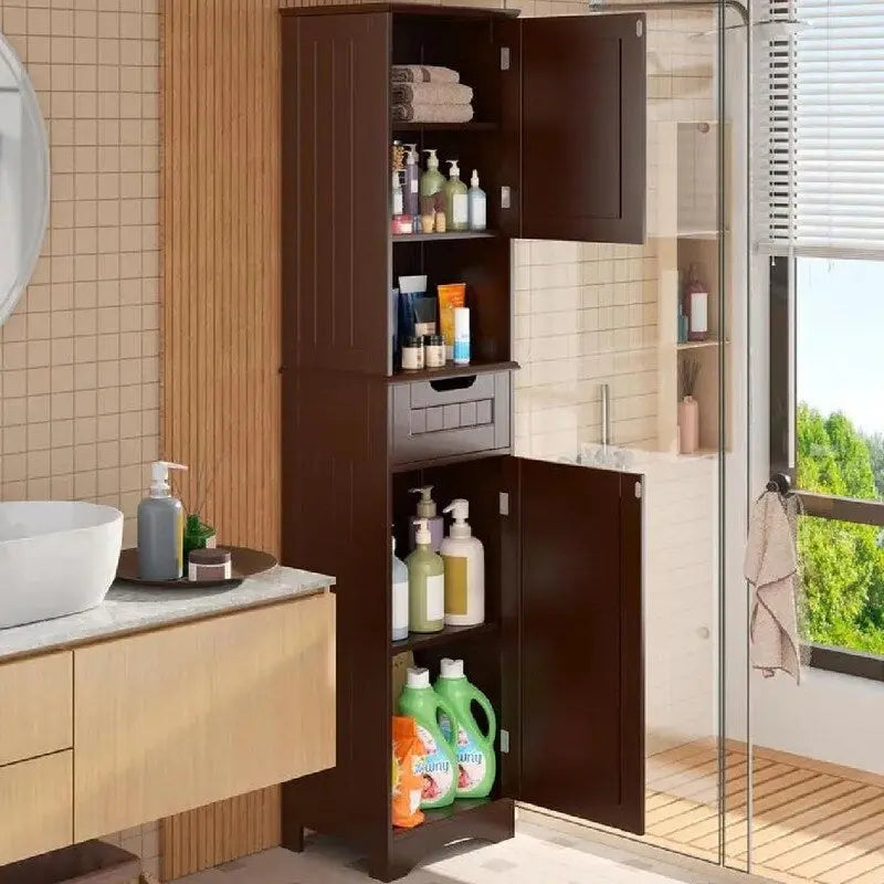 Tall White Bathroom Storage Cabinet with Doors Drawer Open Shelf
