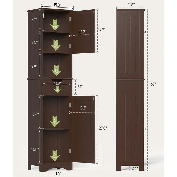 Tall White Bathroom Storage Cabinet with Doors Drawer Open Shelf