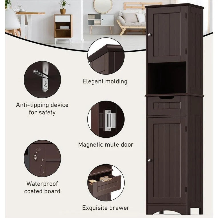 Tall White Bathroom Storage Cabinet with Doors Drawer Open Shelf