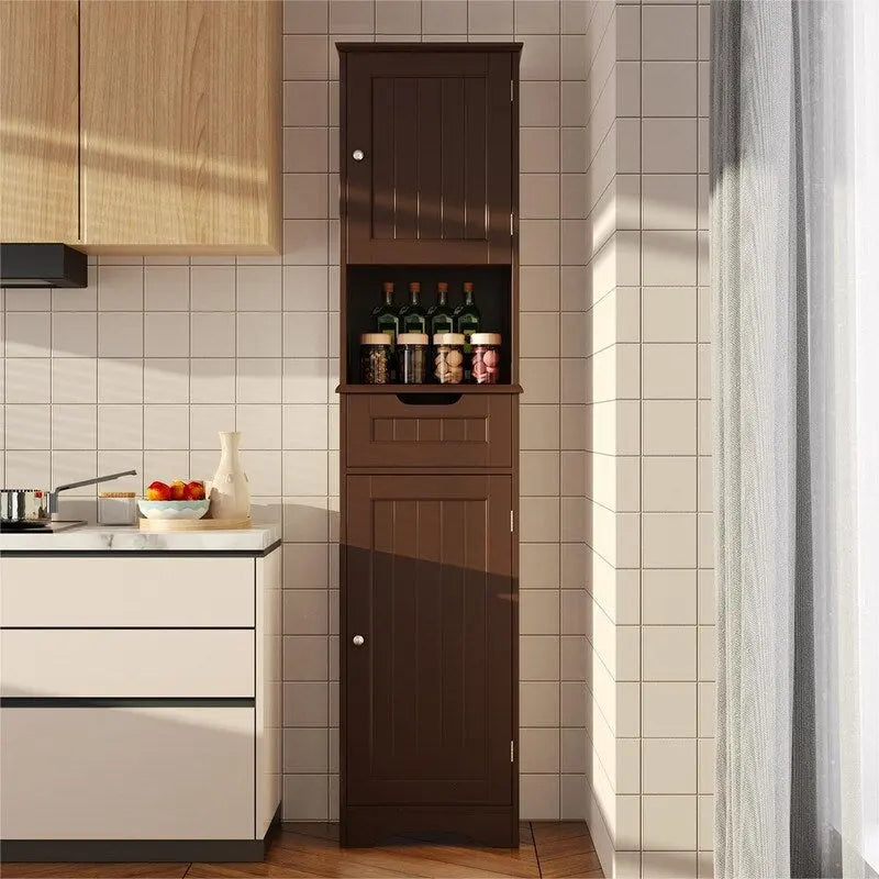 Tall White Bathroom Storage Cabinet with Doors Drawer Open Shelf