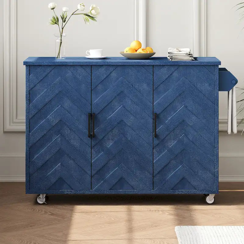 Rolling Kitchen Island Cart with Drop Leaf, 3-Door Storage Cabinet, Navy Blue