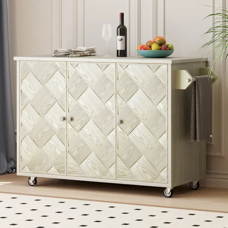 Rolling Kitchen Island Cart with Drop Leaf, 3-Door Storage Cabinet, Navy Blue