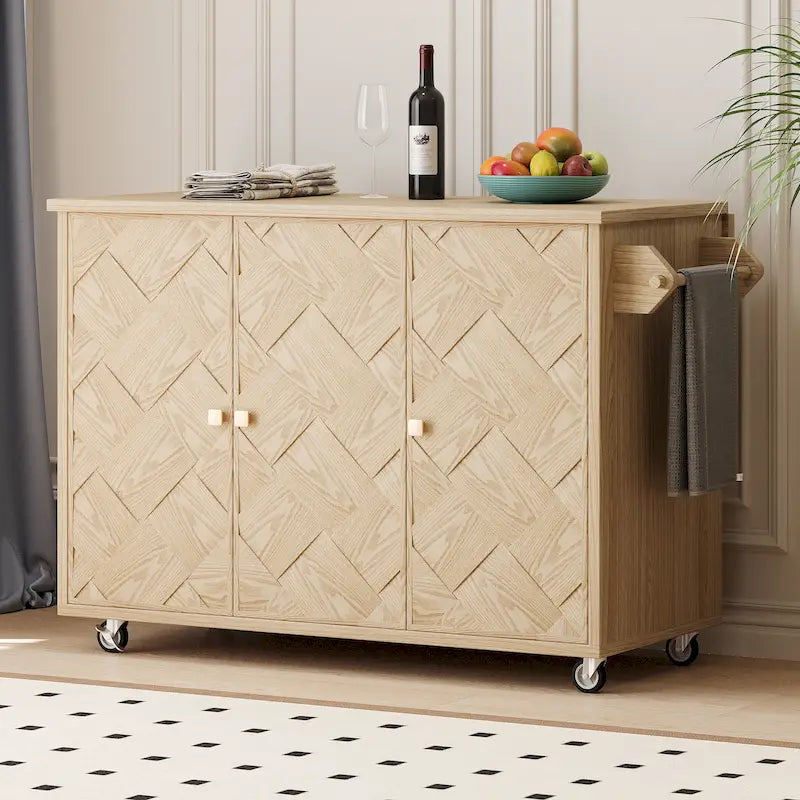 Rolling Kitchen Island Cart with Drop Leaf, 3-Door Storage Cabinet, Navy Blue