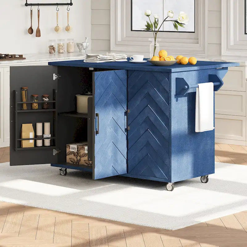 Rolling Kitchen Island Cart with Drop Leaf, 3-Door Storage Cabinet, Navy Blue