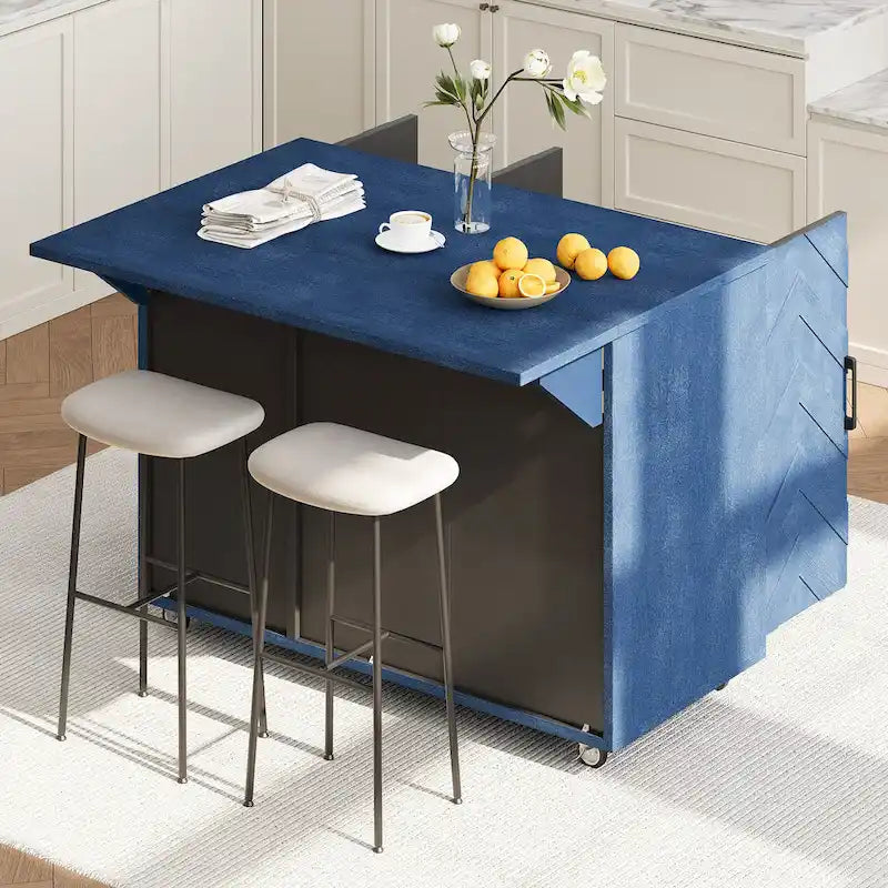 Rolling Kitchen Island Cart with Drop Leaf, 3-Door Storage Cabinet, Navy Blue
