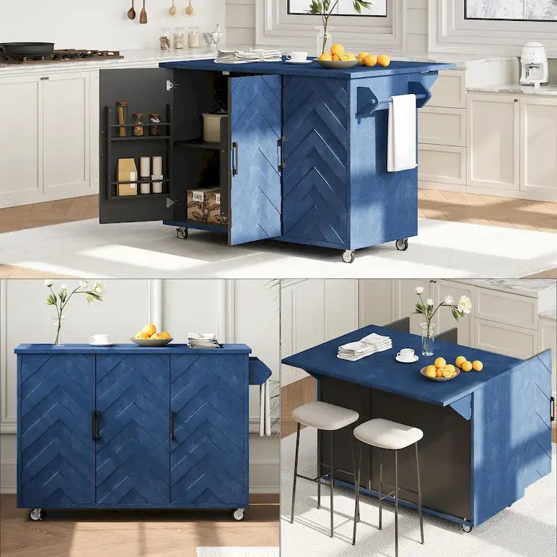 Rolling Kitchen Island Cart with Drop Leaf, 3-Door Storage Cabinet, Navy Blue