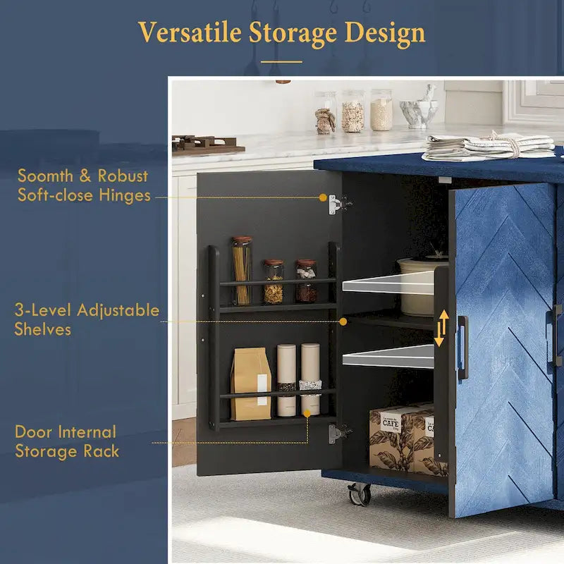 Rolling Kitchen Island Cart with Drop Leaf, 3-Door Storage Cabinet, Navy Blue