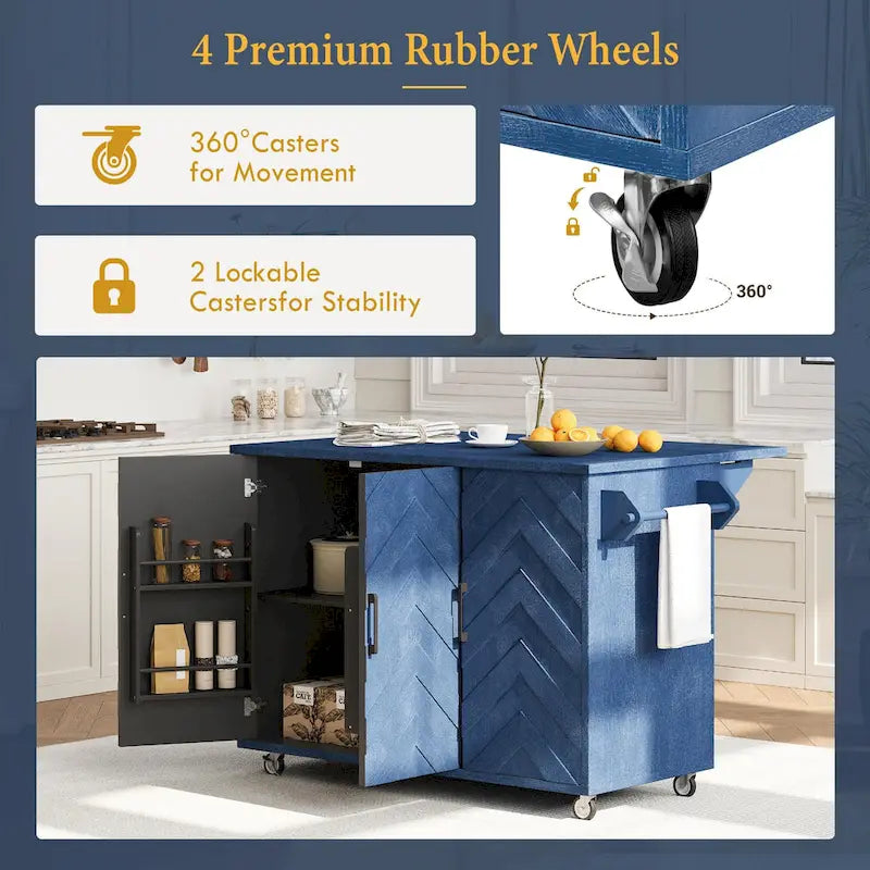 Rolling Kitchen Island Cart with Drop Leaf, 3-Door Storage Cabinet, Navy Blue