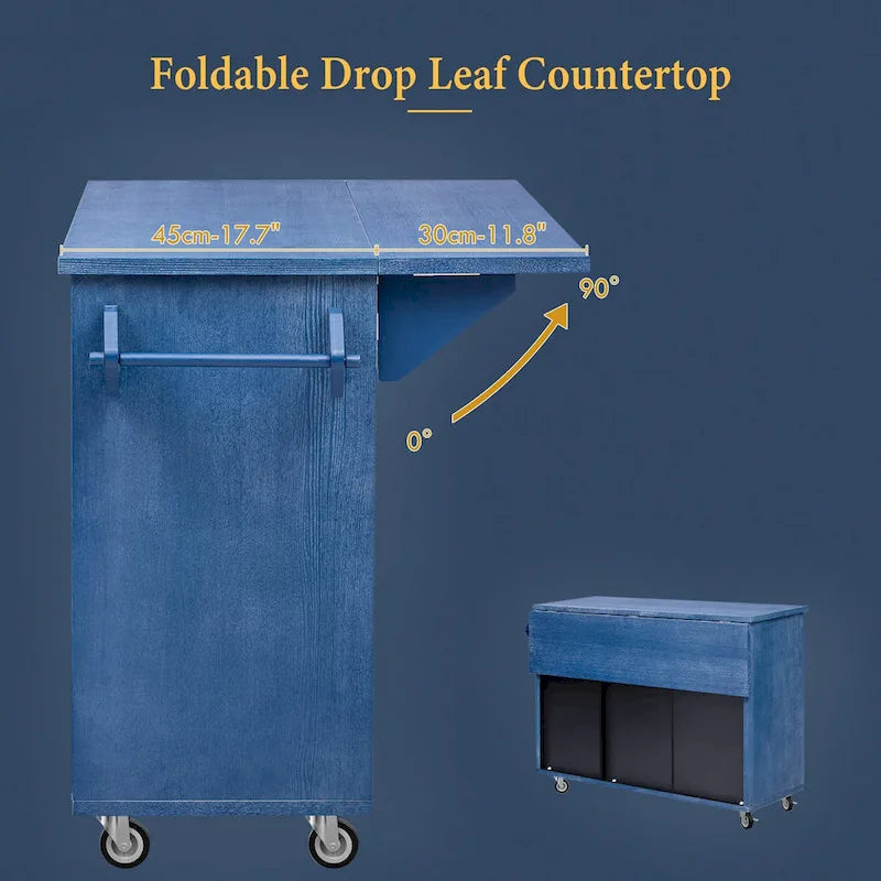 Rolling Kitchen Island Cart with Drop Leaf, 3-Door Storage Cabinet, Navy Blue