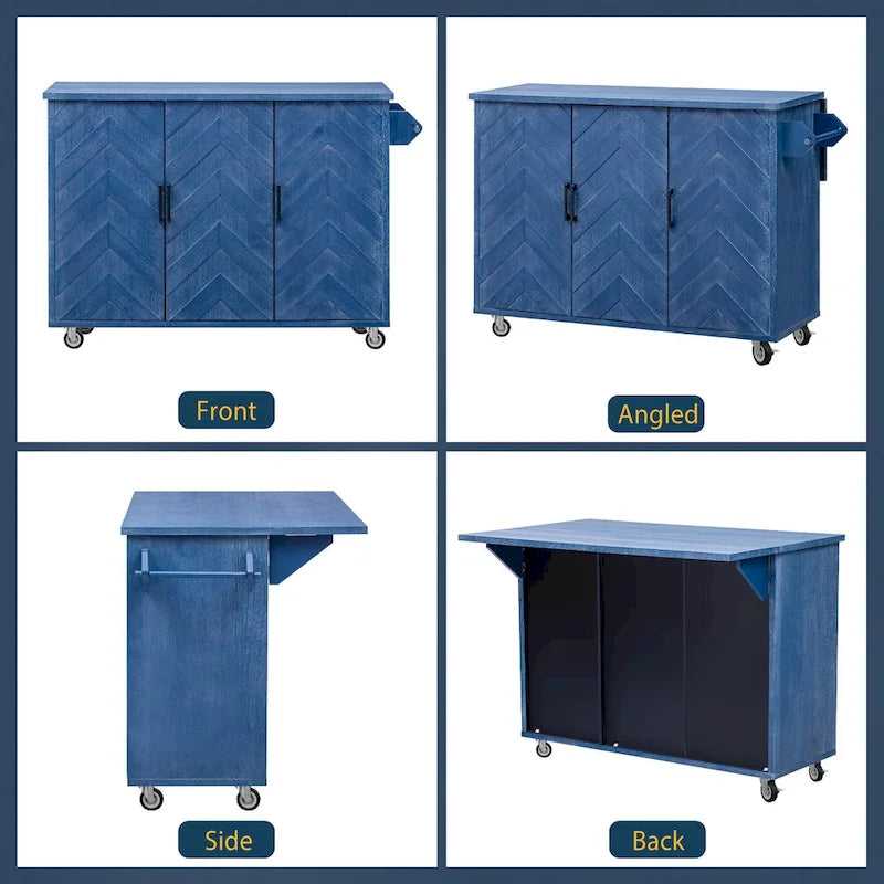 Rolling Kitchen Island Cart with Drop Leaf, 3-Door Storage Cabinet, Navy Blue