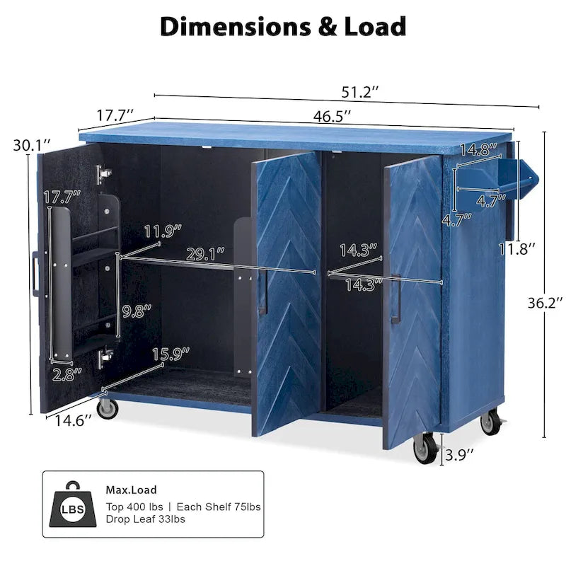 Rolling Kitchen Island Cart with Drop Leaf, 3-Door Storage Cabinet, Navy Blue