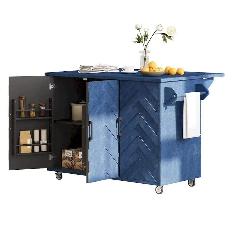 Rolling Kitchen Island Cart with Drop Leaf, 3-Door Storage Cabinet, Navy Blue
