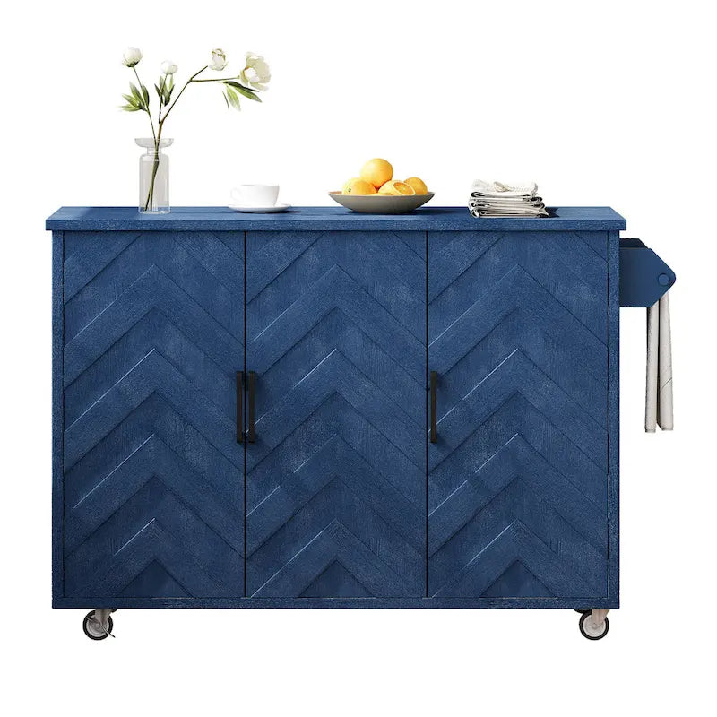 Rolling Kitchen Island Cart with Drop Leaf, 3-Door Storage Cabinet, Navy Blue