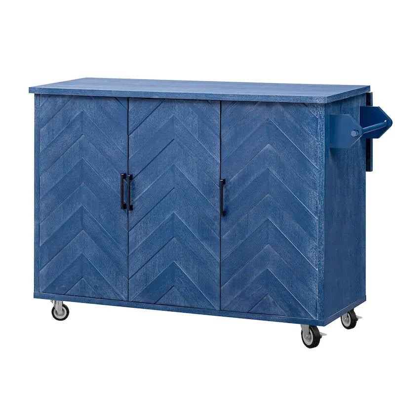 Rolling Kitchen Island Cart with Drop Leaf, 3-Door Storage Cabinet, Navy Blue