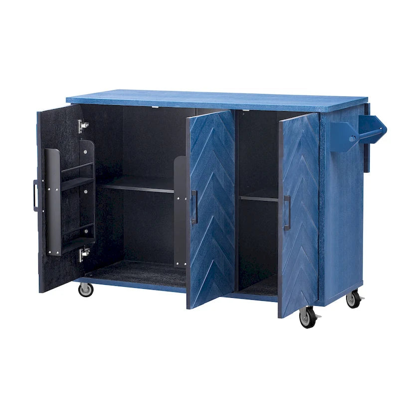 Rolling Kitchen Island Cart with Drop Leaf, 3-Door Storage Cabinet, Navy Blue