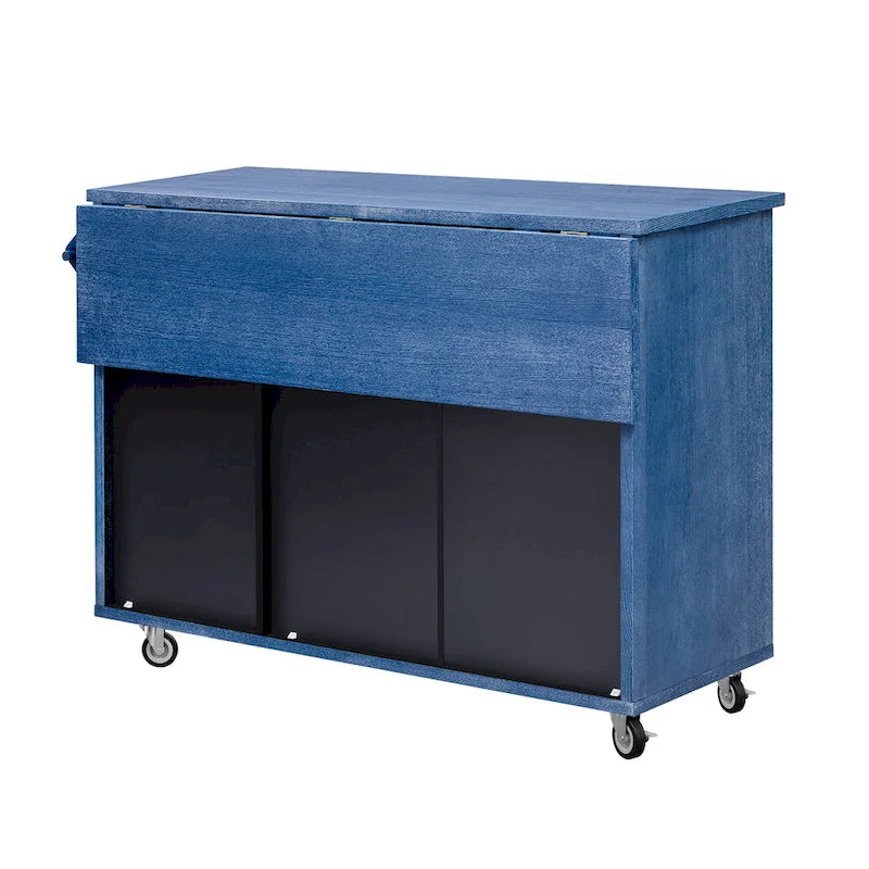 Rolling Kitchen Island Cart with Drop Leaf, 3-Door Storage Cabinet, Navy Blue