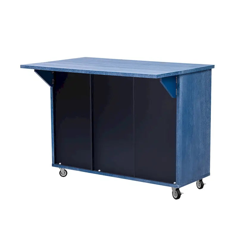 Rolling Kitchen Island Cart with Drop Leaf, 3-Door Storage Cabinet, Navy Blue