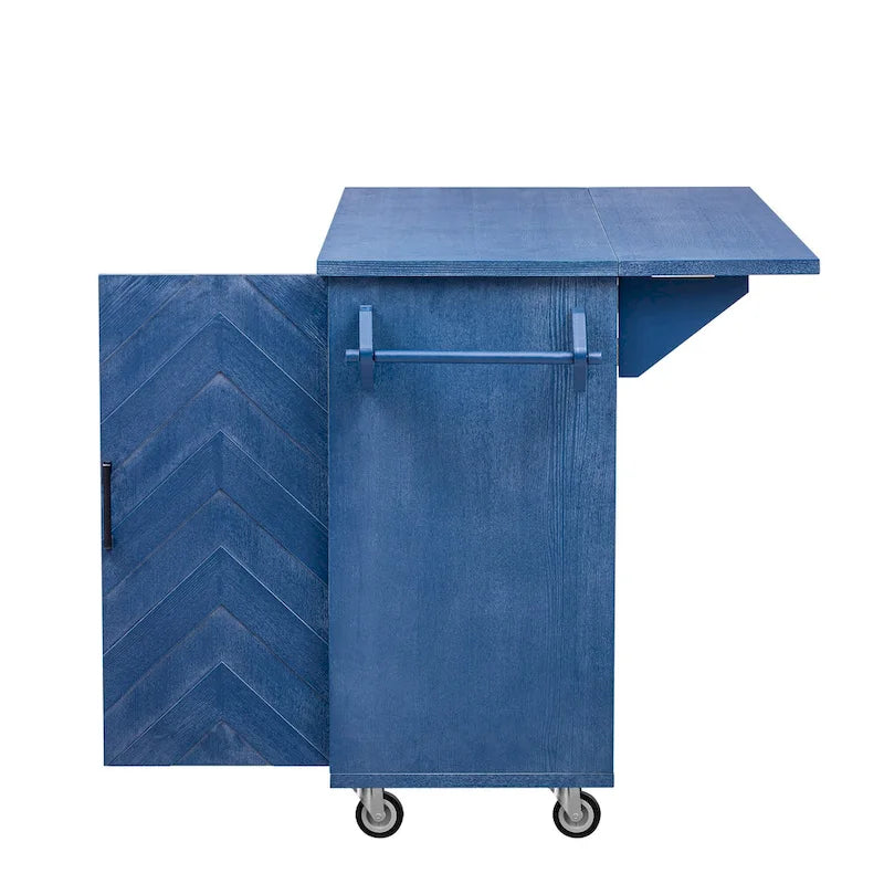 Rolling Kitchen Island Cart with Drop Leaf, 3-Door Storage Cabinet, Navy Blue