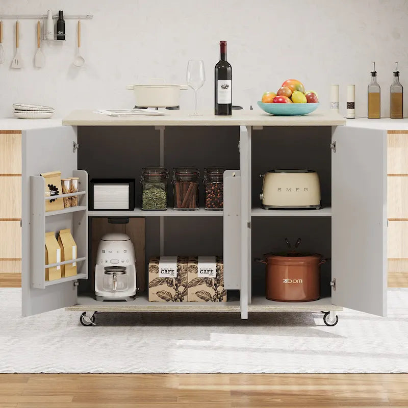 Rolling Kitchen Island Cart with Drop Leaf, 3-Door Storage Cabinet, Navy Blue