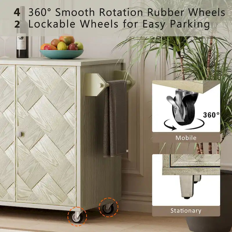 Rolling Kitchen Island Cart with Drop Leaf, 3-Door Storage Cabinet, Navy Blue