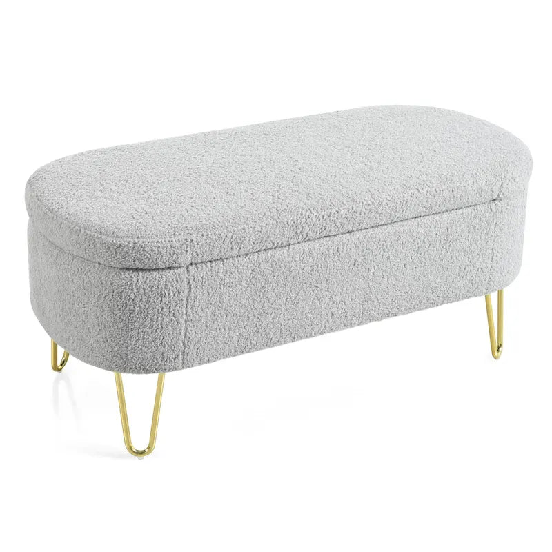 Gray Bouclé Oval Storage Ottoman with Gold Metal Legs Flip Top