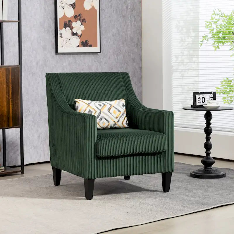 Emerald Green Corduroy Upholstered Accent Armchair with Scooped Arms and Lumbar Pillow
