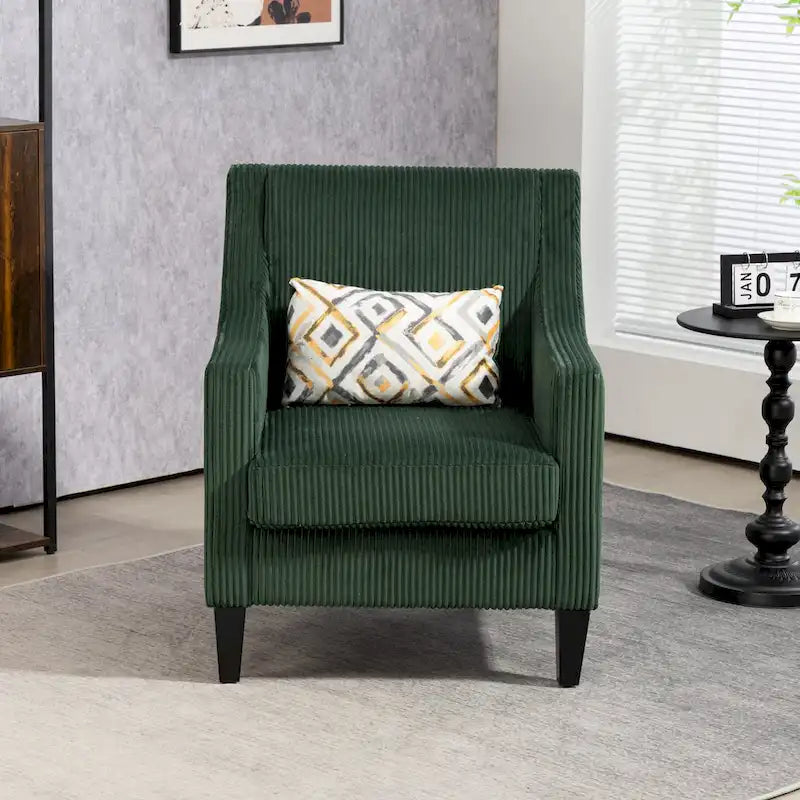 Emerald Green Corduroy Upholstered Accent Armchair with Scooped Arms and Lumbar Pillow