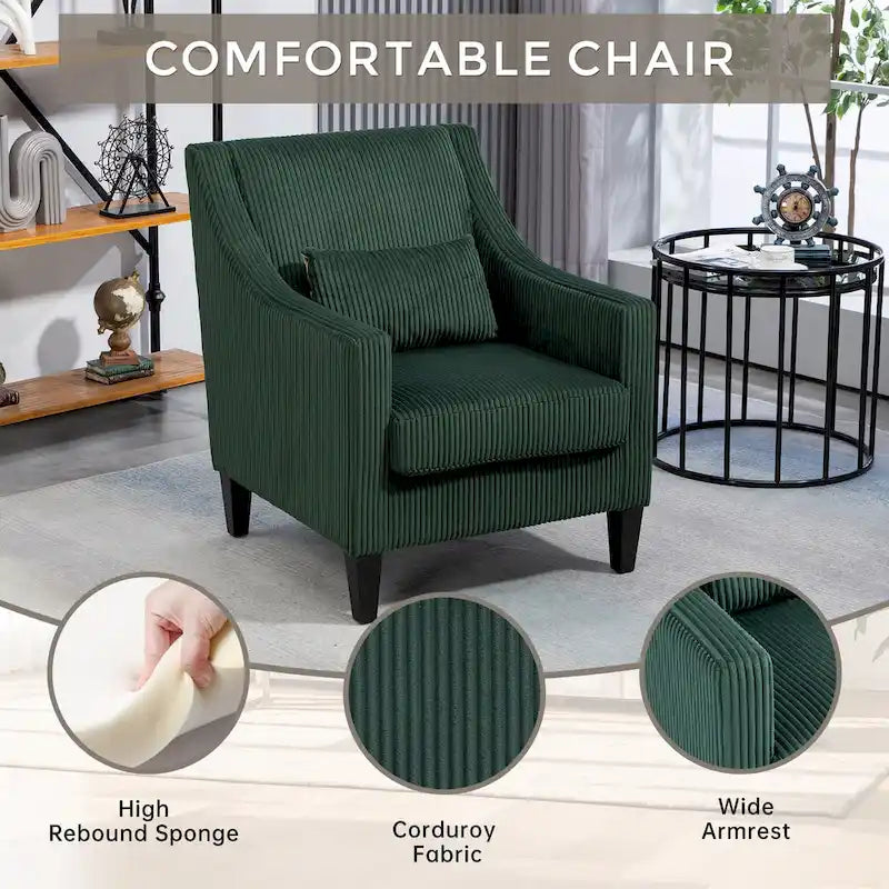 Emerald Green Corduroy Upholstered Accent Armchair with Scooped Arms and Lumbar Pillow