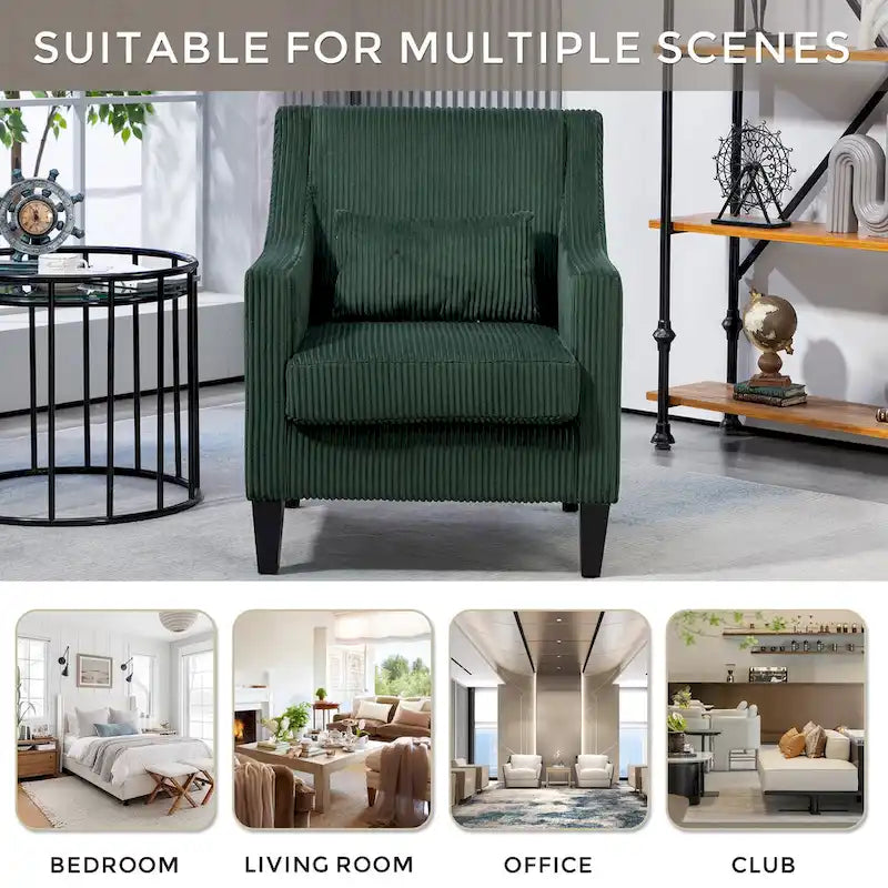Emerald Green Corduroy Upholstered Accent Armchair with Scooped Arms and Lumbar Pillow