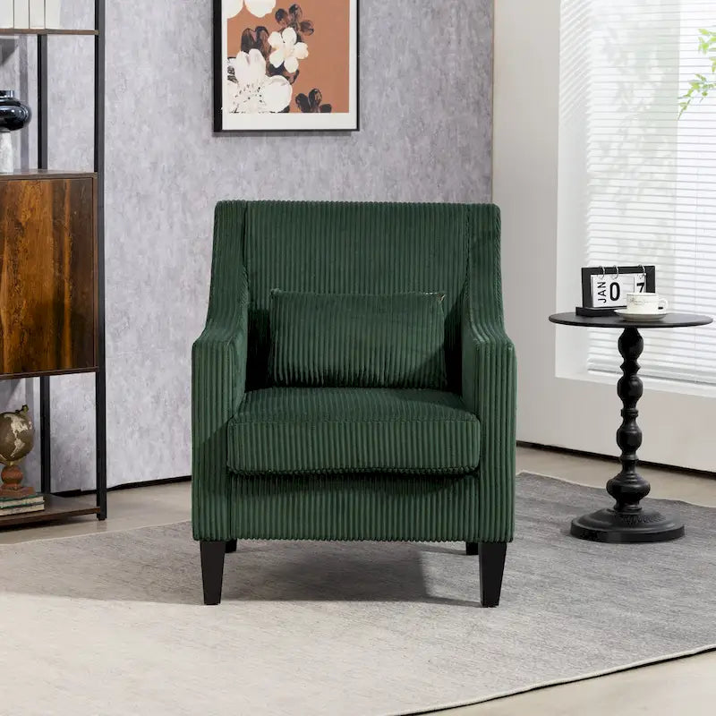 Emerald Green Corduroy Upholstered Accent Armchair with Scooped Arms and Lumbar Pillow