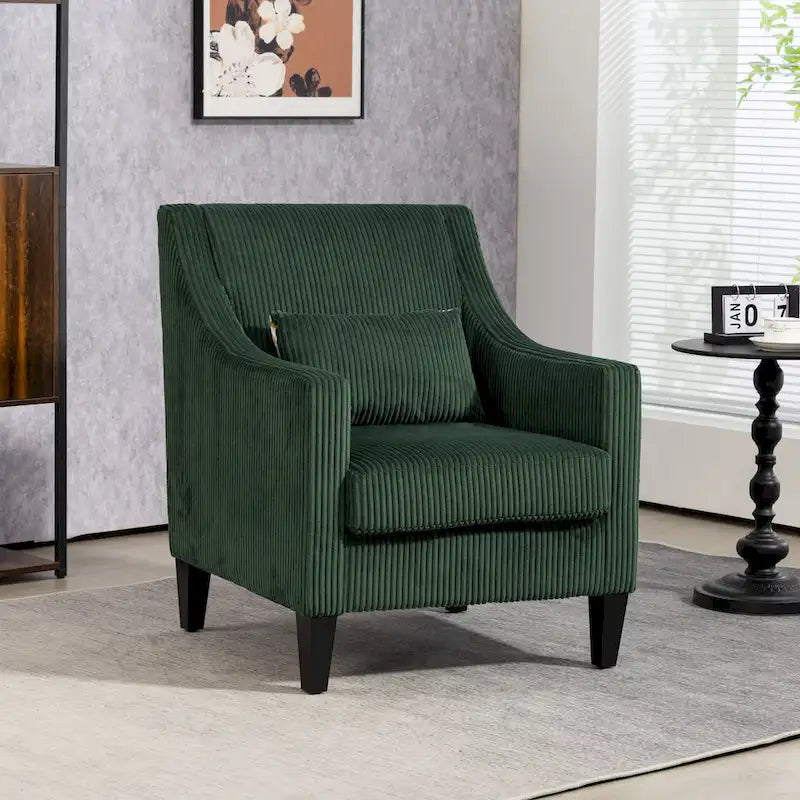 Emerald Green Corduroy Upholstered Accent Armchair with Scooped Arms and Lumbar Pillow