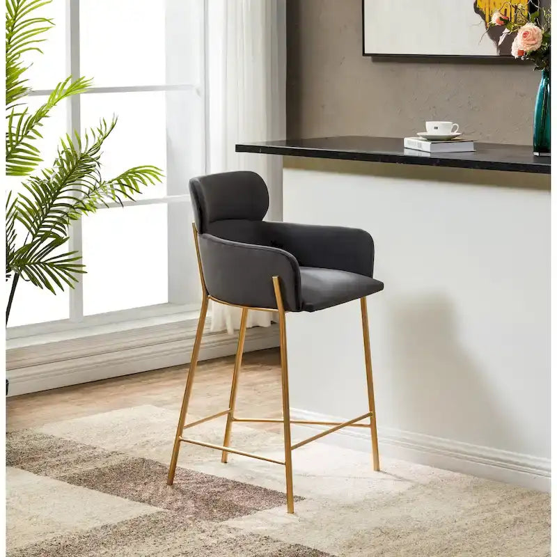 Velvet Upholstered Counter Stool with Gold Metal Legs and Armrests