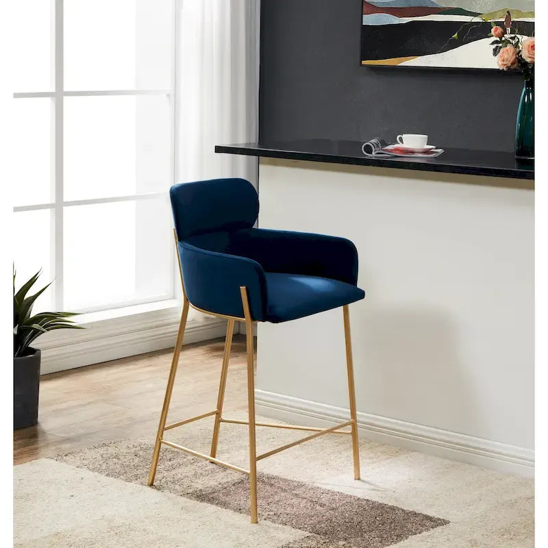 Velvet Upholstered Counter Stool with Gold Metal Legs and Armrests