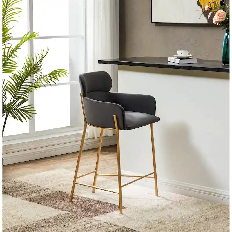 Velvet Upholstered Counter Stool with Gold Metal Legs and Armrests