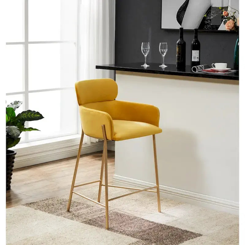 Velvet Upholstered Counter Stool with Gold Metal Legs and Armrests