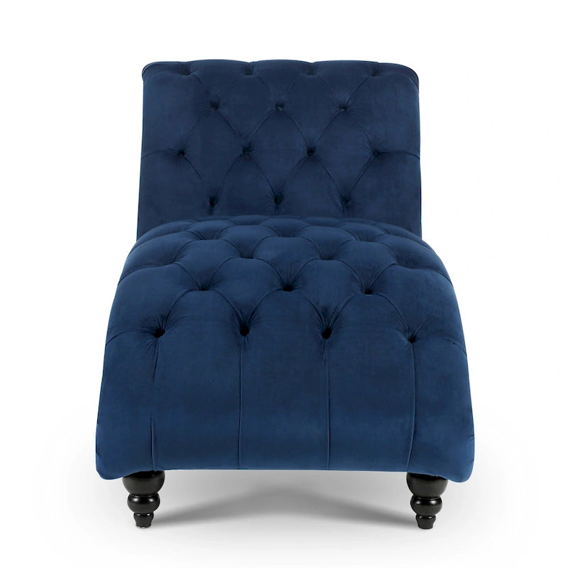 Blue Velvet Tufted Chaise Lounge with Nailhead Trim and Wood Legs