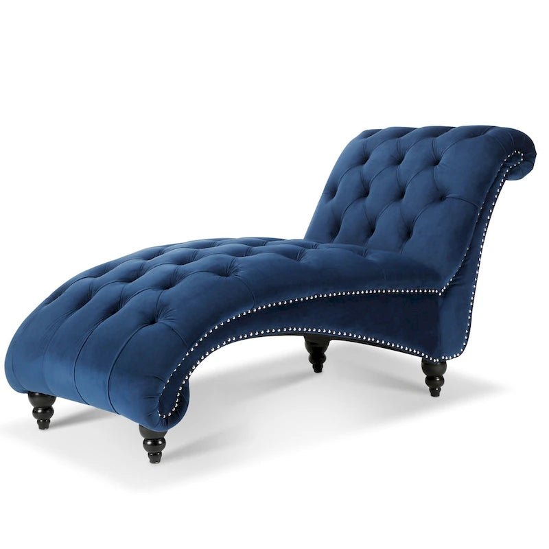 Blue Velvet Tufted Chaise Lounge with Nailhead Trim and Wood Legs