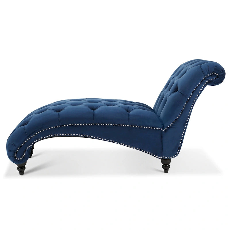 Blue Velvet Tufted Chaise Lounge with Nailhead Trim and Wood Legs