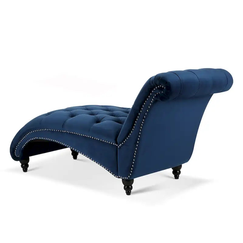 Blue Velvet Tufted Chaise Lounge with Nailhead Trim and Wood Legs