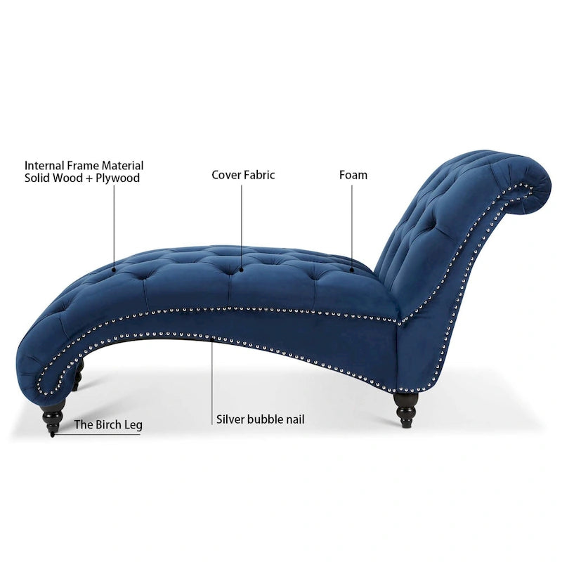 Blue Velvet Tufted Chaise Lounge with Nailhead Trim and Wood Legs