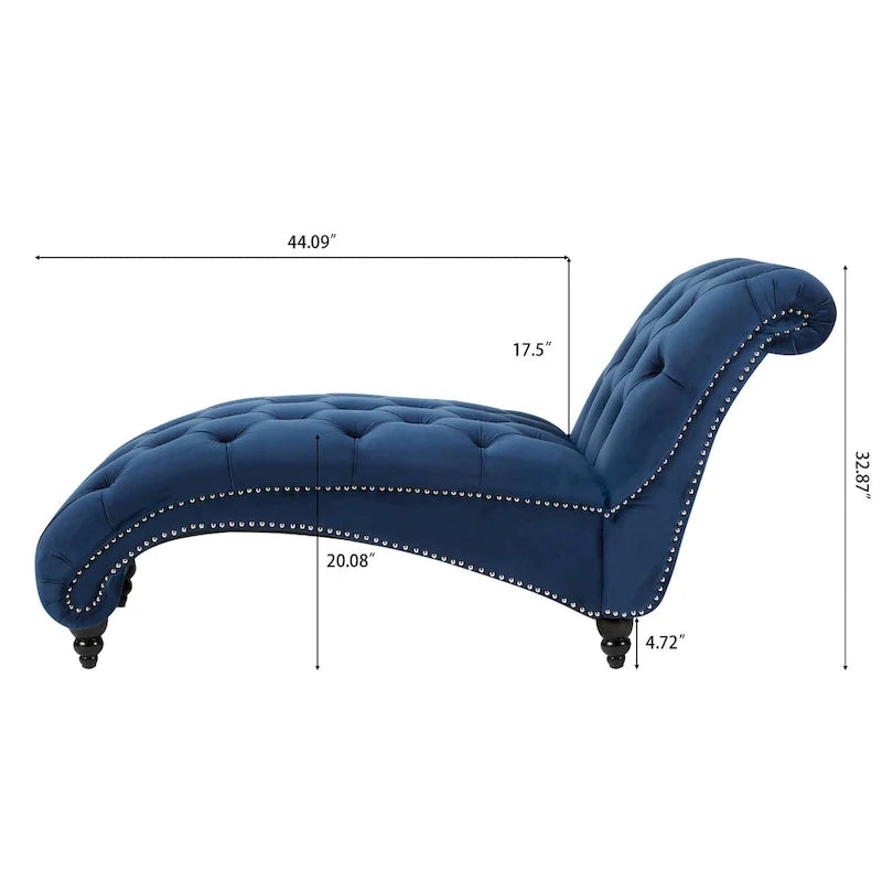 Blue Velvet Tufted Chaise Lounge with Nailhead Trim and Wood Legs
