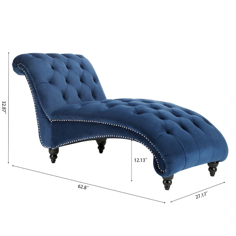 Blue Velvet Tufted Chaise Lounge with Nailhead Trim and Wood Legs