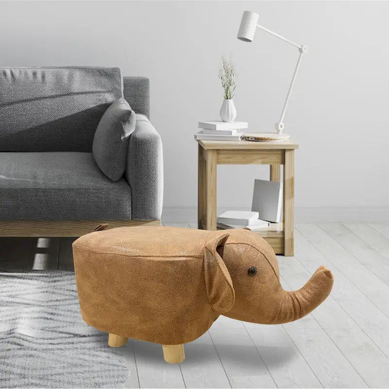 Elephant Shape Velvet Stool Ottoman Brown Wooden Legs Accent Footrest