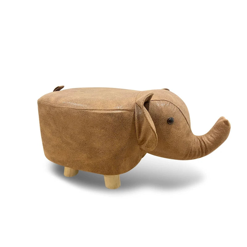Elephant Shape Velvet Stool Ottoman Brown Wooden Legs Accent Footrest