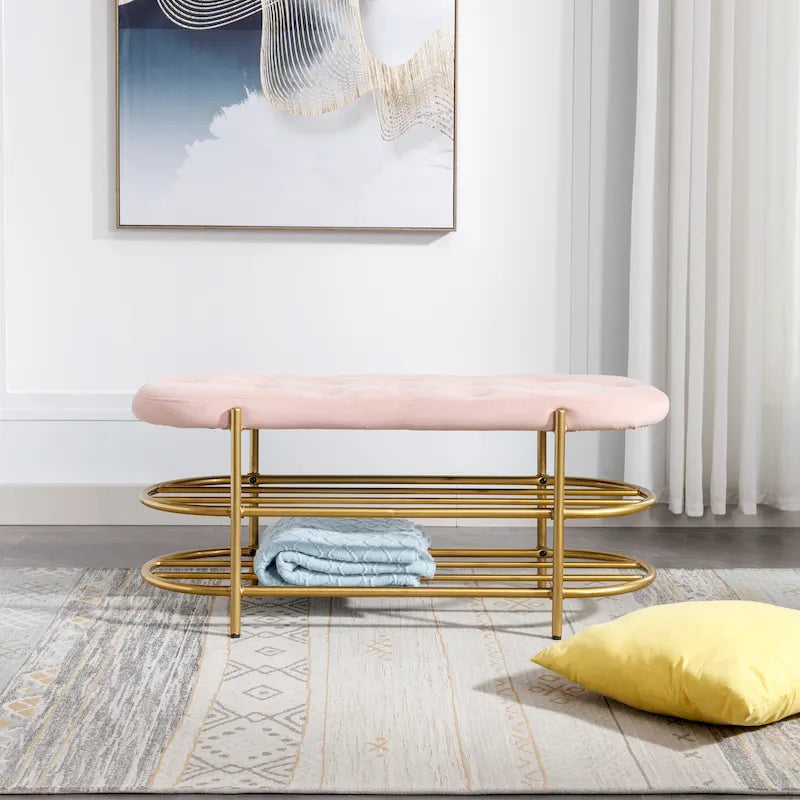 Velvet Upholstered Living Room Bench with Double Shoe Rack Multi-Color
