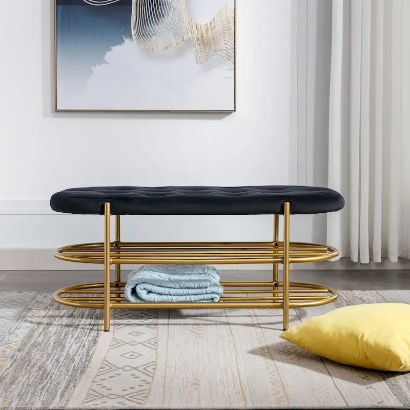 Velvet Upholstered Living Room Bench with Double Shoe Rack Multi-Color