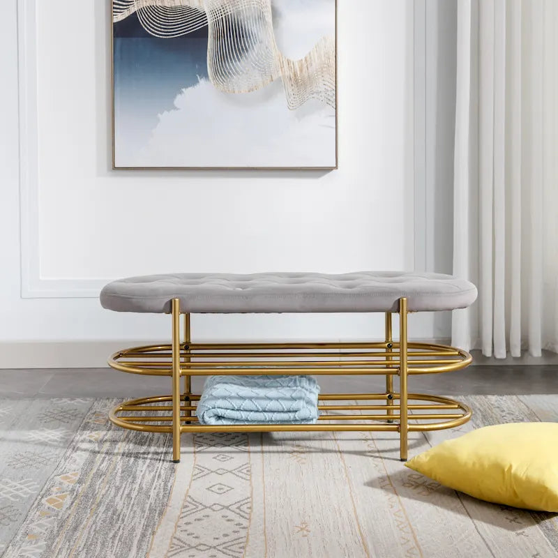 Velvet Upholstered Living Room Bench with Double Shoe Rack Multi-Color