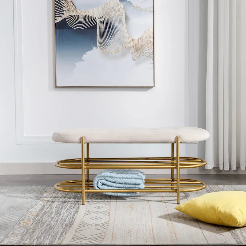 Velvet Upholstered Living Room Bench with Double Shoe Rack Multi-Color