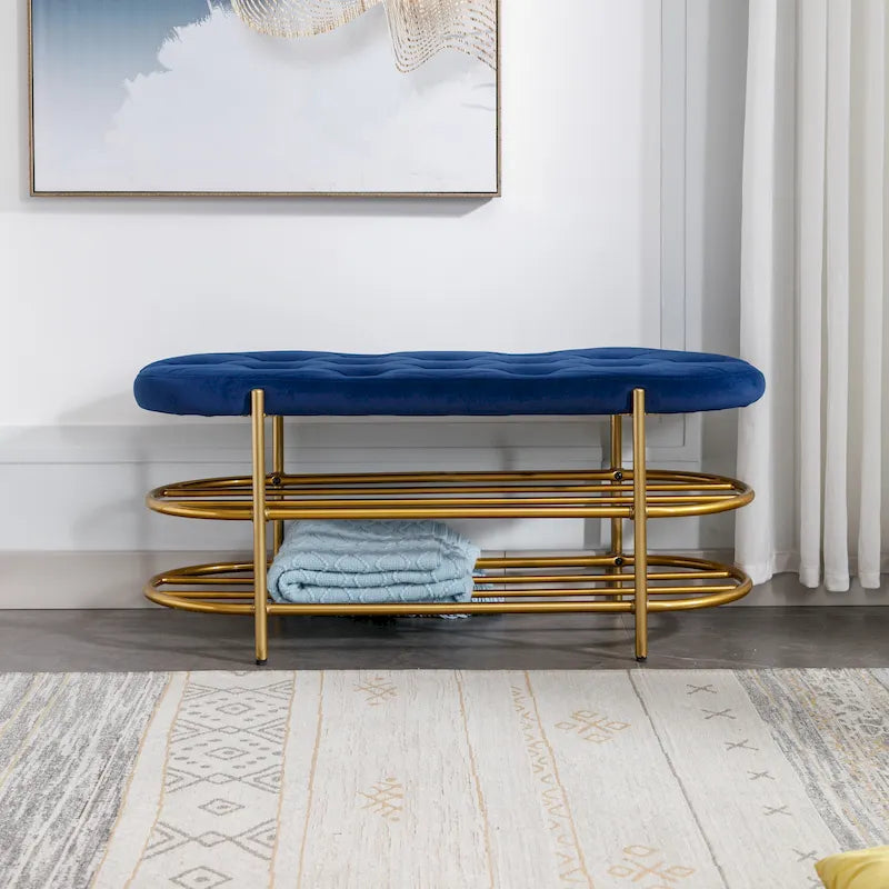 Velvet Upholstered Living Room Bench with Double Shoe Rack Multi-Color